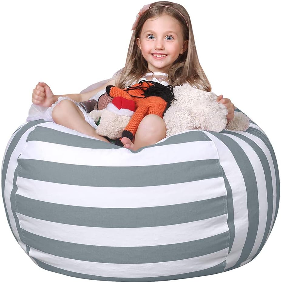 WEKAPO Stuffed Animal Storage Bean Bag Chair Cover for Kids | Stuffable Zipper Beanbag for Organizing Children Plush Toys Large Premium Cotton Canvas (Gray, X-Large)