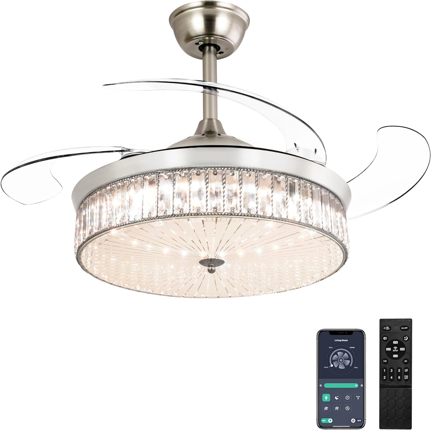 Quality of all the materials used in this fan is excellent for the price. Chandelier fan is made of high quality crystal clear metal lamp body. Led light contains 3 modes of light, I prefer cold white all the time. Fan circulates both cold and warm air in different modes. Can change the mode as per the weather. Glass lampshade is stable and looks durable. Reversible dc motor helps in changing the direction of fan as and when required. Size shape and design makes it look stylish. Motor works sile