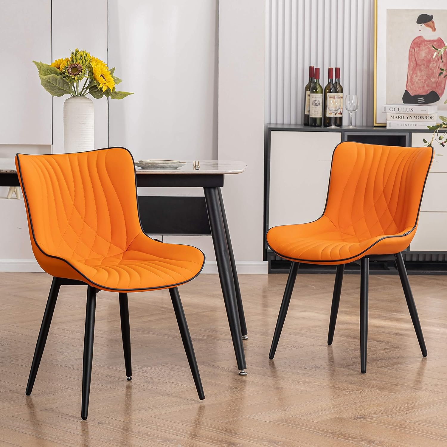 YOUTASTE Dining Chairs Set of 2 Upholstered Mid Century Modern Kitchen Dining Room Chairs Armless Faux Leather Accent Chairs Metal Vanity Lounge Chair with Back for Living Room Bedrooms,Orange