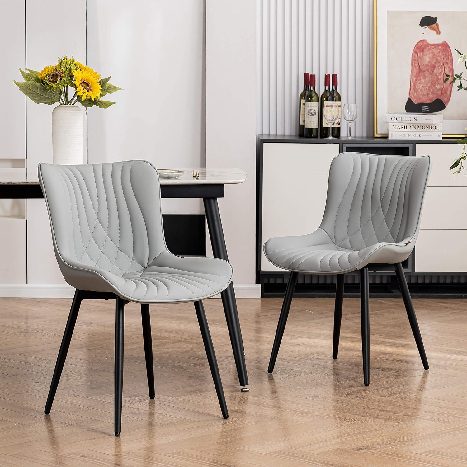 YOUTASTE Grey Dining Chairs Set of 2 Faux Leather Upholstered Kitchen Dining Room Chairs Mid Century Modern Metal Legs Chairs High Back for Kitchen Restaurant Living Room Bedrooms