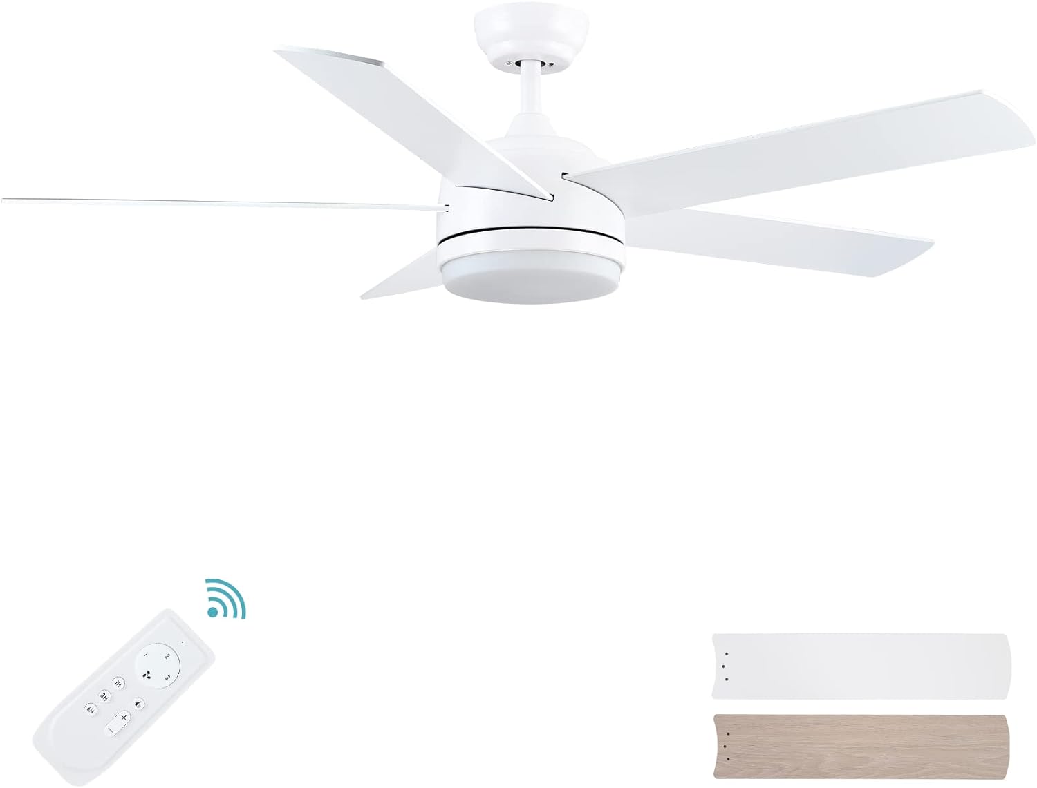 Good fan that matches our room style and works well. The color temperature options of the but in LED light is a nice feature. Also nice to have a remote control on the nightstand to adjust the speed of the blades if needed.