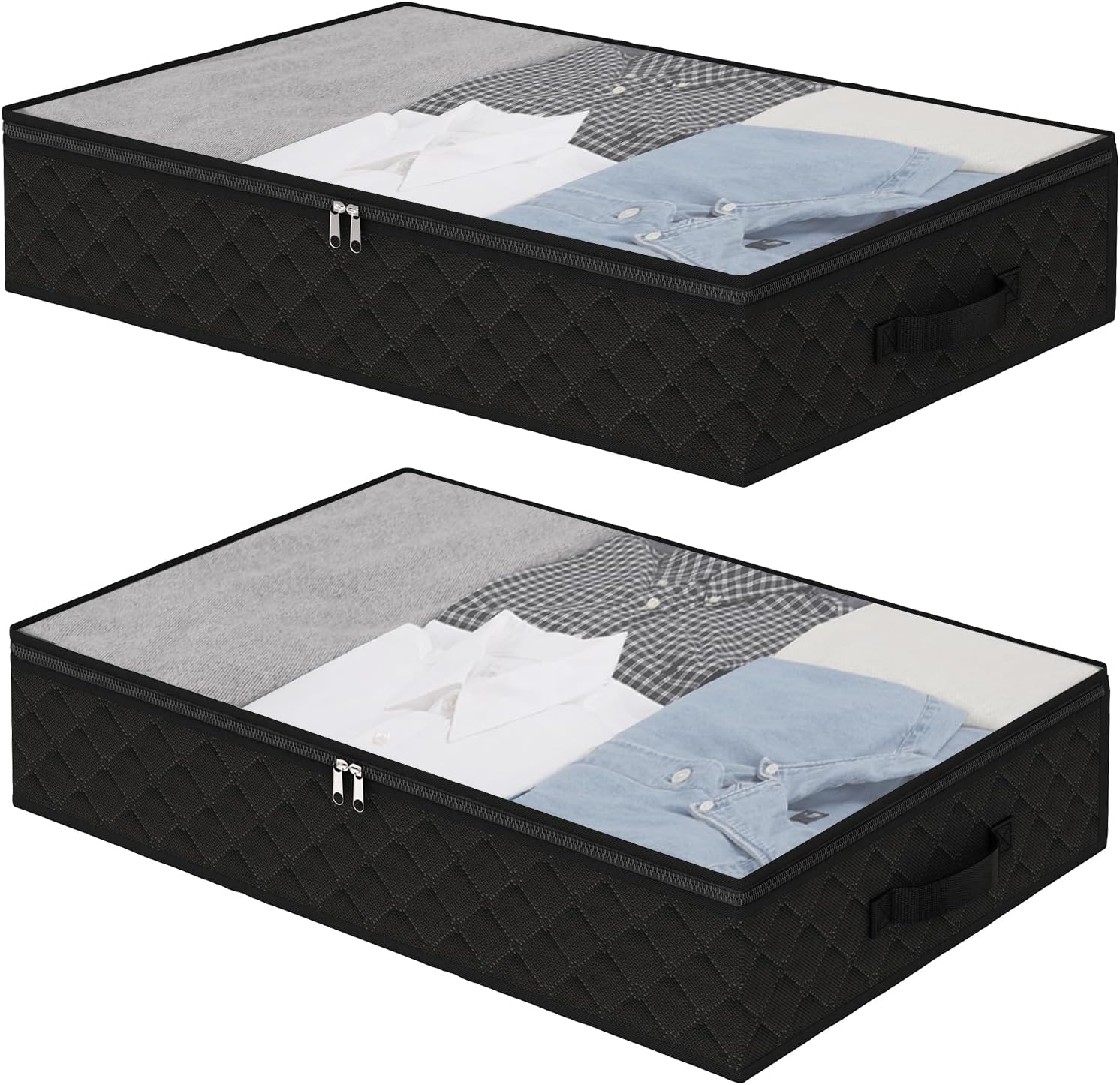 Fixwal Black Underbed Storage Bags with Clear Window and 2 Reinforced Handles Under Bed Storage Containers for Clothing, Bedding, Comforter2 Pack