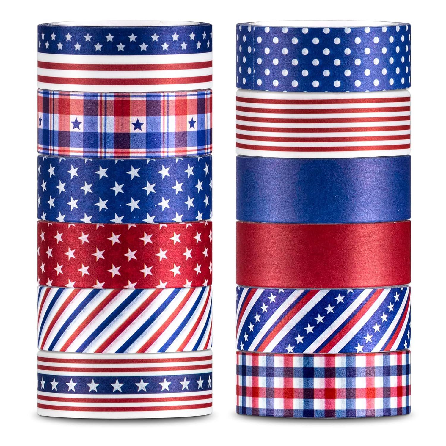 Whaline 12 Rolls 4th of July Washi Tape Patriotic Stars Stripes Washi Masking Tape Red Blue White Plaids Decorative Paper Stickers for Independence Day Scrapbook Gift Wrapping DIY Art Crafts