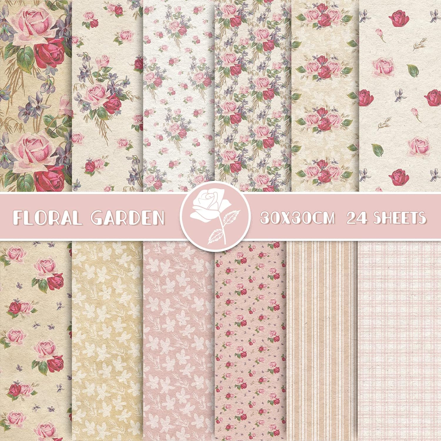 Whaline 12 Designs Spring Pattern Paper 24 Sheet Rose Floral Scrapbook Paper Pink Double-Sided Collection Decorative Craft Paper Folded Flat for Card Making Scrapbook Photo Album Decor, 30 x 30cm