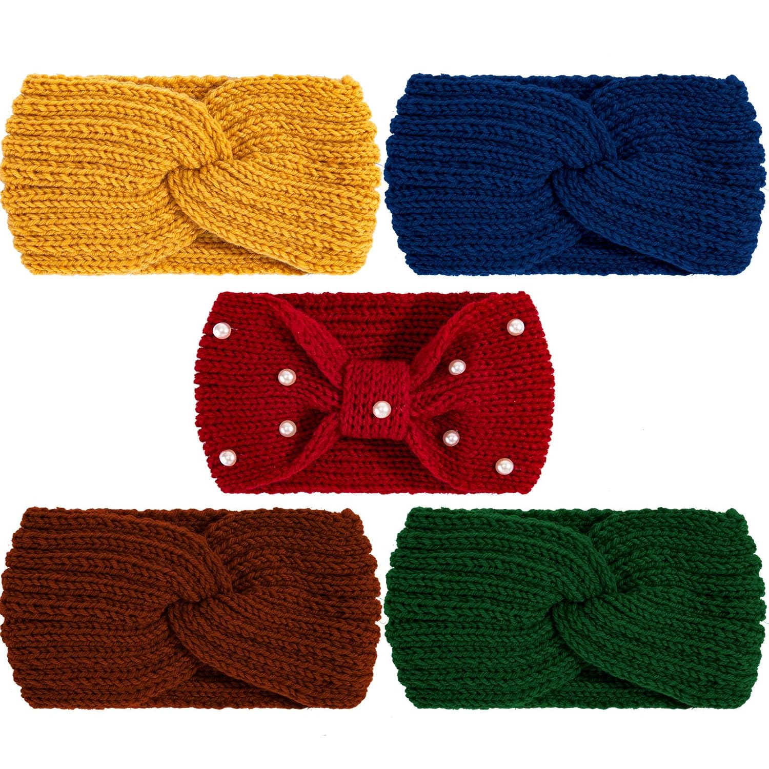 Whaline 5 Pieces Winter Knit Headbands Chunky Knit Headbands,4 Elastic Turban Head Wraps and 1 Pearl Crochet Hair Band, Ear Warmer Crochet Head Wraps for Women Girls (Bright & Dark Colors)