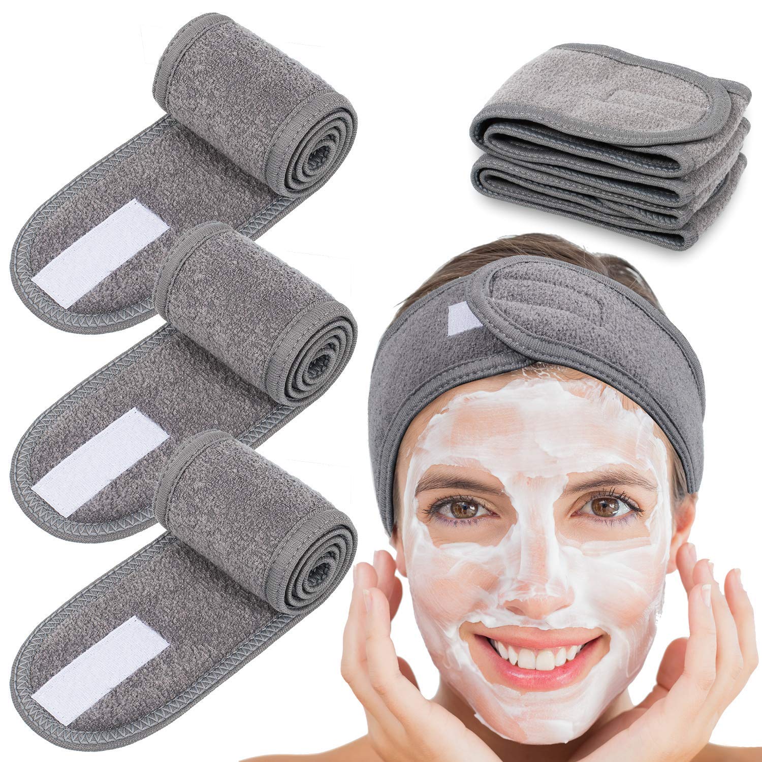 Spa Facial Headband Head Wrap Terry Cloth Headband 4 Counts Stretch Towel for Bath, Makeup and Sport (Gray)