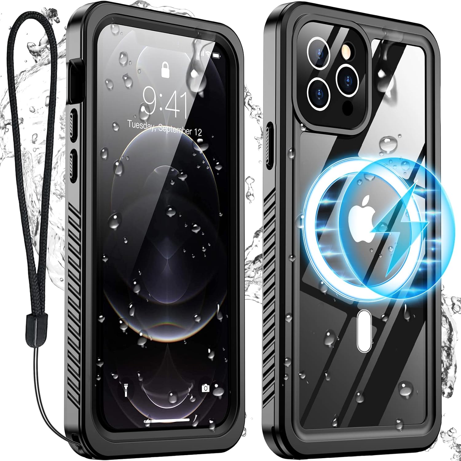 Temdan Compatible with iPhone 12 Pro Max Case Waterproof, Built in Screen Protector Full Body Rugged Heavy Duty Protection Anti-Scratch IP68 Underwater [Compatible with MagSafe 6.7] inch-Clear-Black