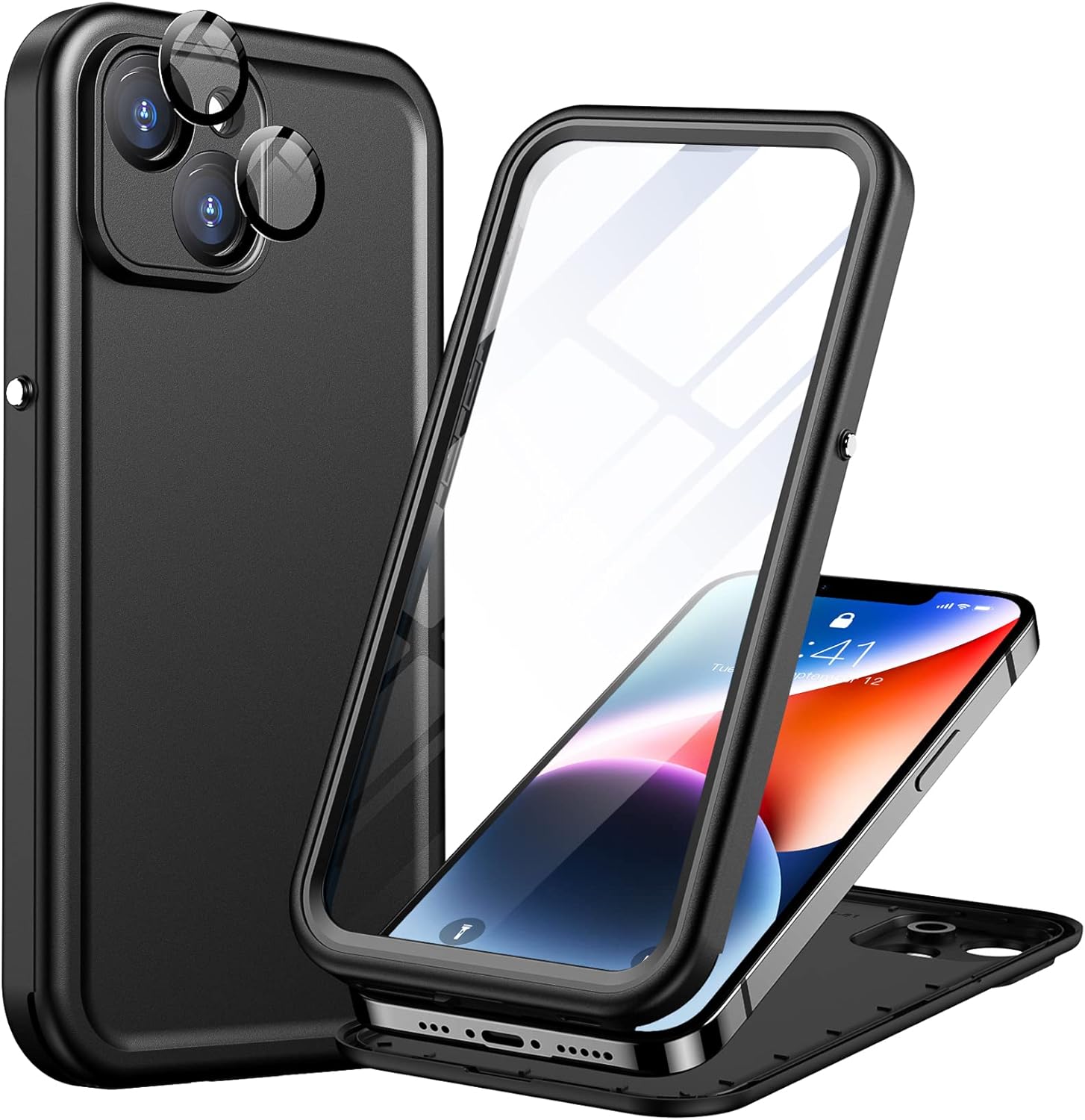 Temdan Real 360 Designed for iPhone 14 Case,Built-in Tempered Glass Screen Protector& Camera Protector [Full Body Shockproof] [Dropproof] [Dustproof] [Ultra Thin & Lightweight] Metal Button Phone Case