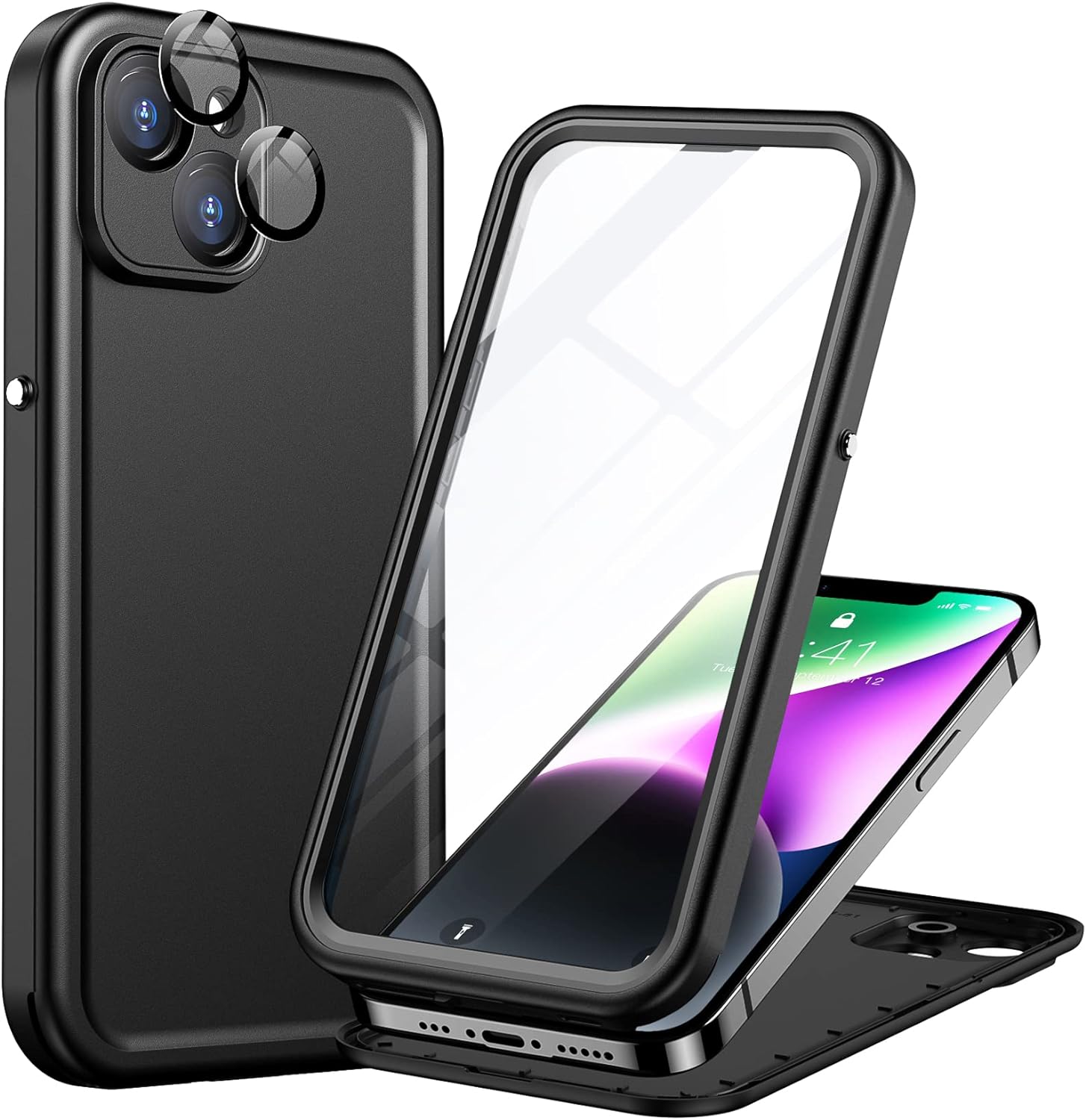 Case Waterproof with [Shoulder Strap & Stand] Built-in Screen Protector Shockproof Slim Thin Cover- Black/Clear