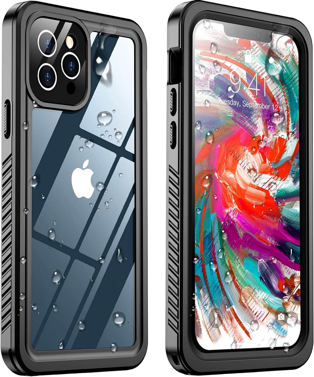 Temdan for iPhone 12 Pro Case Waterproof,Built-in Screen Protector [IP68 Underwater][Military-Grade Protection][Dustproof][Real 360] Full Body Shockproof Phone Case-Black/Clear