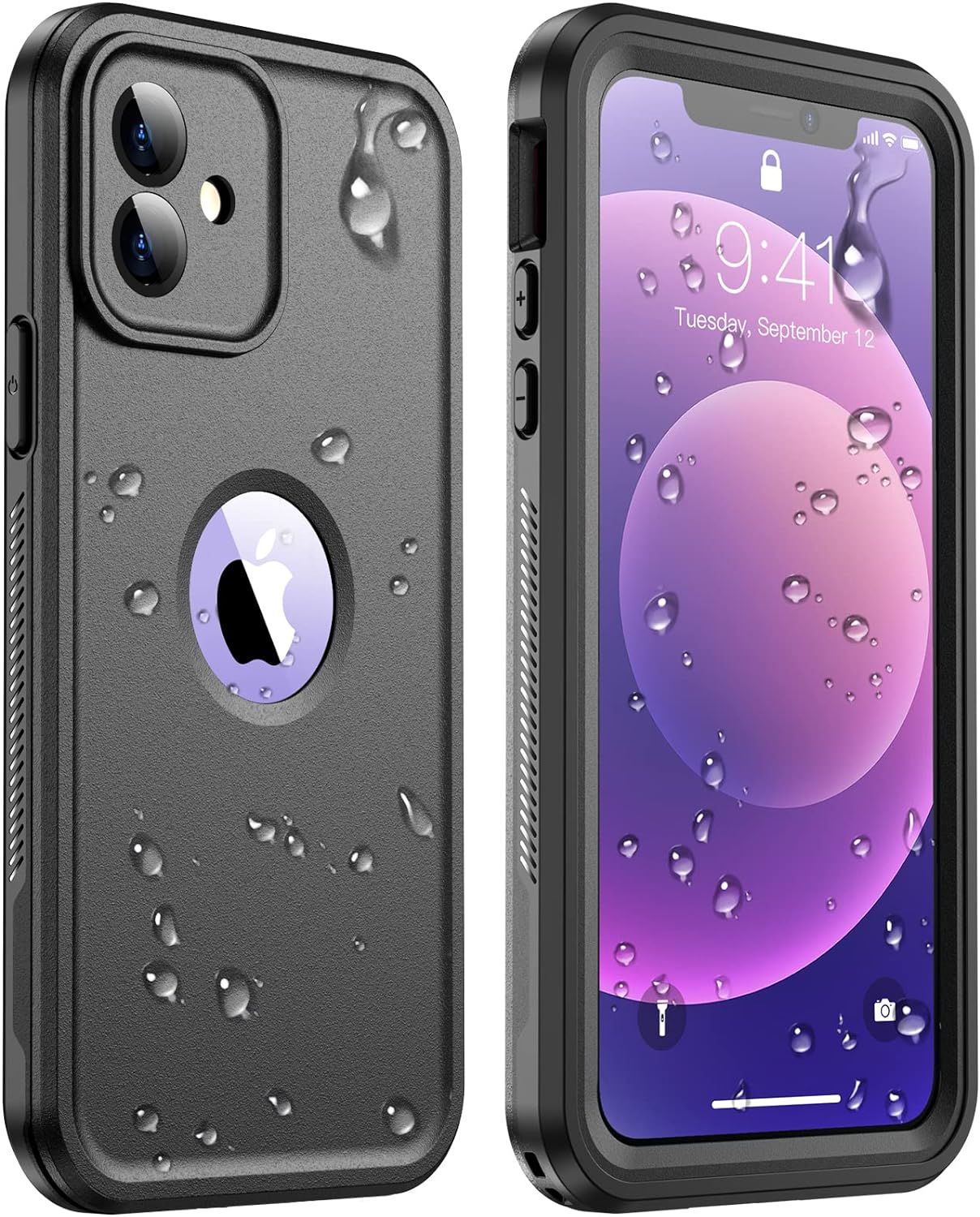 Temdan [Real 360 for iPhone 12 Case Waterproof, Built-in 9H Tempered Glass Camera Lens & Screen Protection [Military Dropproof][Full-Body Shockproof][Dustproof][IP68 Underwater]- Black