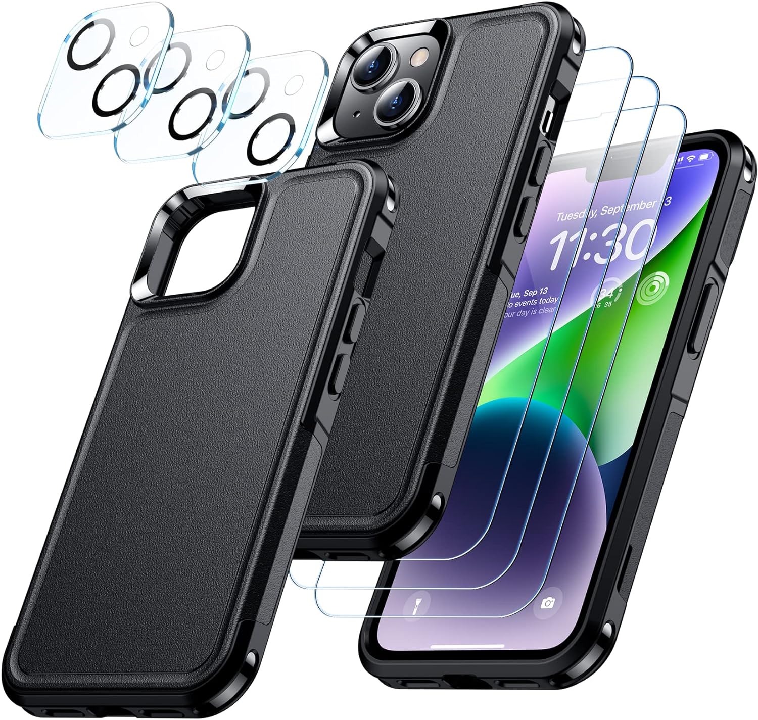 Temdan for iPhone 14 Case,with [3 Pcs Tempered Glass Screen Protector][3 Pcs Camera Lens Protector][Military Grade Drop Protection] Heavy Duty Full Body Shockproof Phone Case Cover 6.1''-Beige