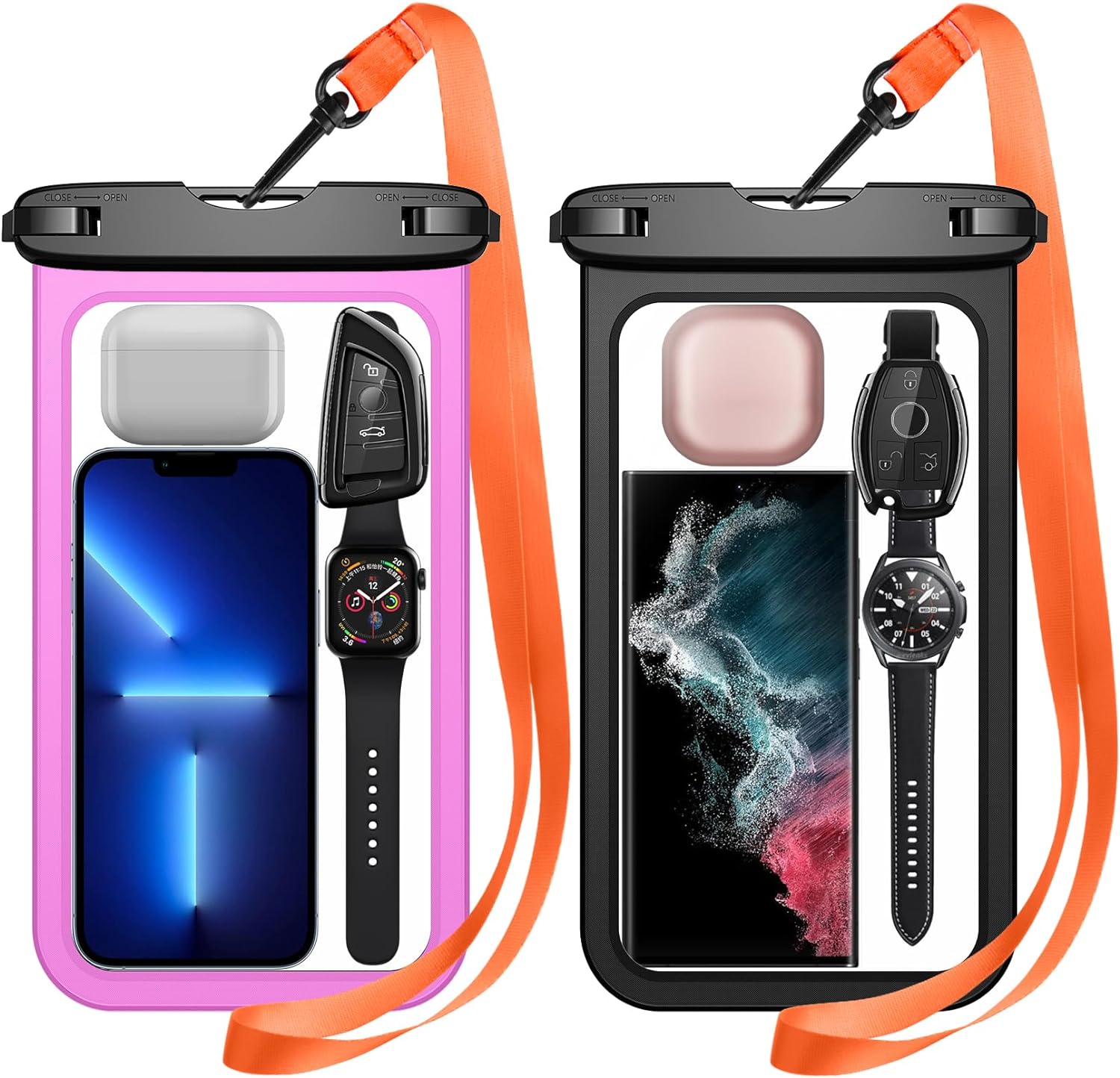 Temdan 2 Pcs Waterproof Phone Pouch,[Up to 10 Large]Universal IPX8 Waterproof Cell Phone Case Dry Bag with Lanyard for iPhone 14 Pro Max/13/12/11/SE/8,Galaxy S23 Ultra/S22/S21 for Vacation,Pink&Black