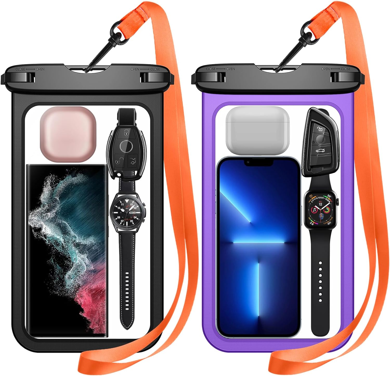 Temdan 2 Pcs Waterproof Phone Pouch, [Up to 10 Large] Universal IPX8 Waterproof Cell Phone Case Dry Bag with Lanyard for iPhone 15 Pro Max/14/13/12/11/SE,Galaxy S23 Ultra/S22/S21 for Vacation -Purple