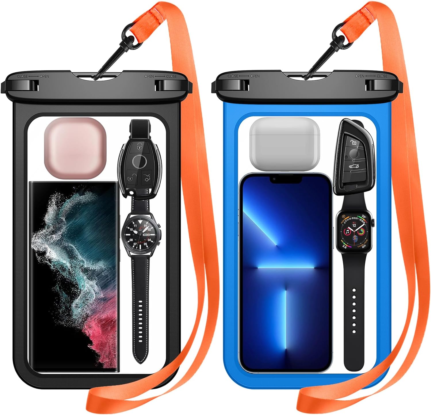 Temdan 2 Pcs Waterproof Phone Pouch, [Up to 10 Large] Universal IPX8 Waterproof Cell Phone Case Dry Bag with Lanyard for iPhone 15 Pro Max/14/13/12/11/SE,Galaxy S23 Ultra/S22/S21 for Vacation -Blue