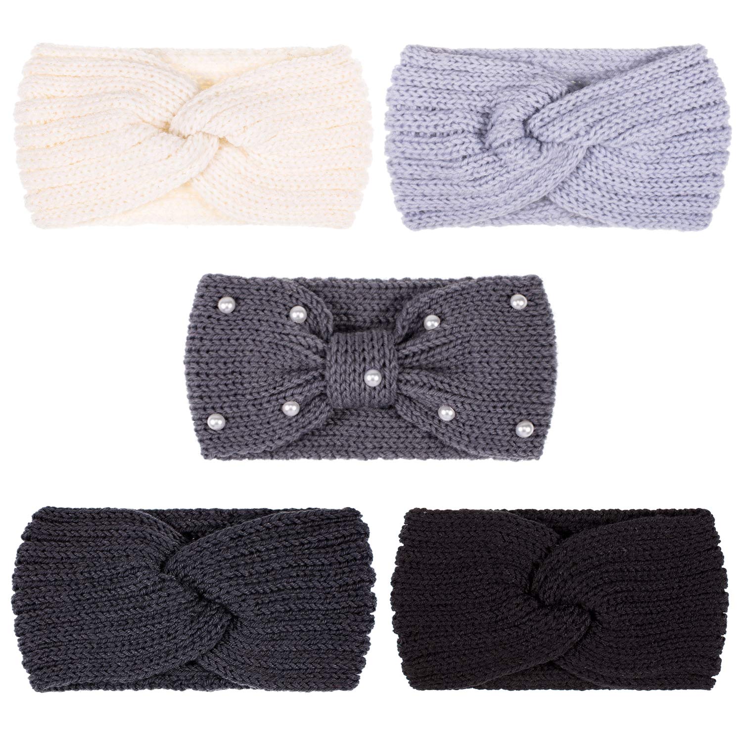 Whaline 5 Pieces Winter Knit Headbands Chunky Knit Headbands,4 Elastic Turban Head Wraps and 1 Pearl Crochet Hair Band, Ear Warmer Crochet Head Wraps for Women Girls (Blue Grey Colors)