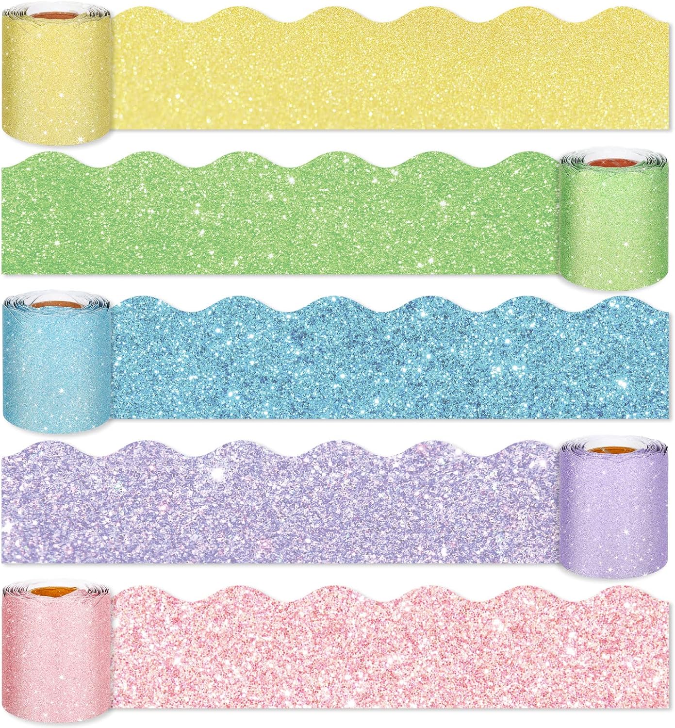 Whaline 82ft Spring Easter Bulletin Board Borders Glitter Candy Colors Die-Cut Rolled Bulletin Board Trim for School Classroom Office Chalkboard Decoration, 5 Rolls