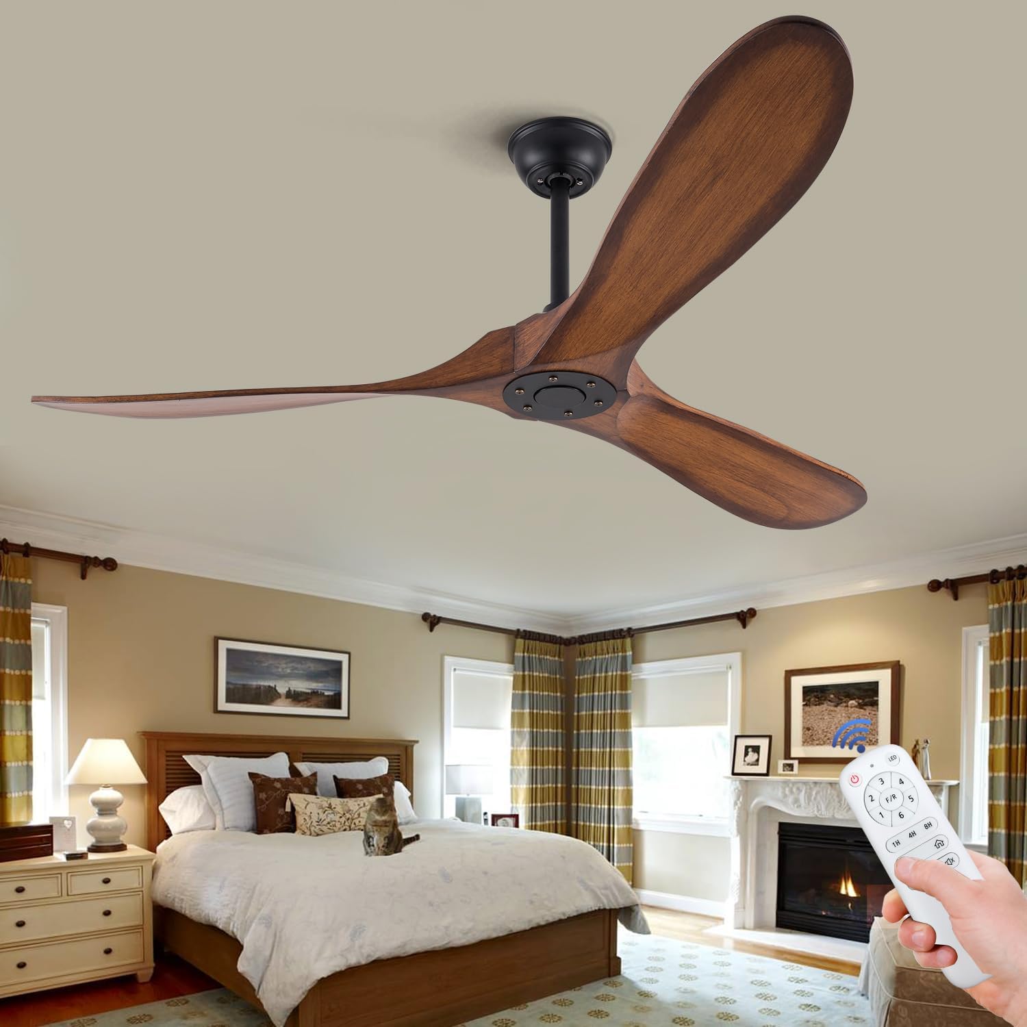 BOJUE 42 Wood Ceiling Fan Without Light Remote Control, Low Profile Ceiling Fan Indoor Outdoor with 3 blade for Patio Living Room, Bedroom, Office, Summer House, Etc (Light Brown Blades)