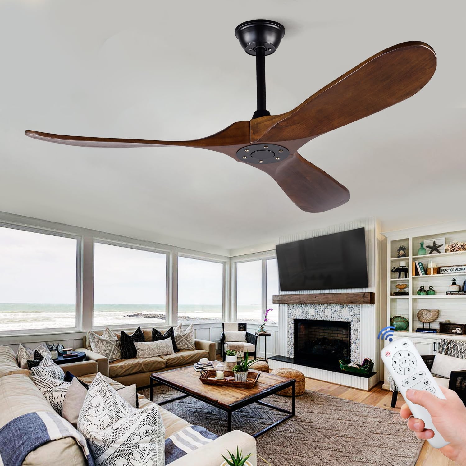 BOJUE 52 inch Solid Wood Ceiling Fan Without Light, Indoor Outdoor Ceiling Fan with Remote and 3 Blade for Farmhouse Patio Living Room, Bedroom, Summer House (Black Ceiling Fan+ Walnut Wood Blades)
