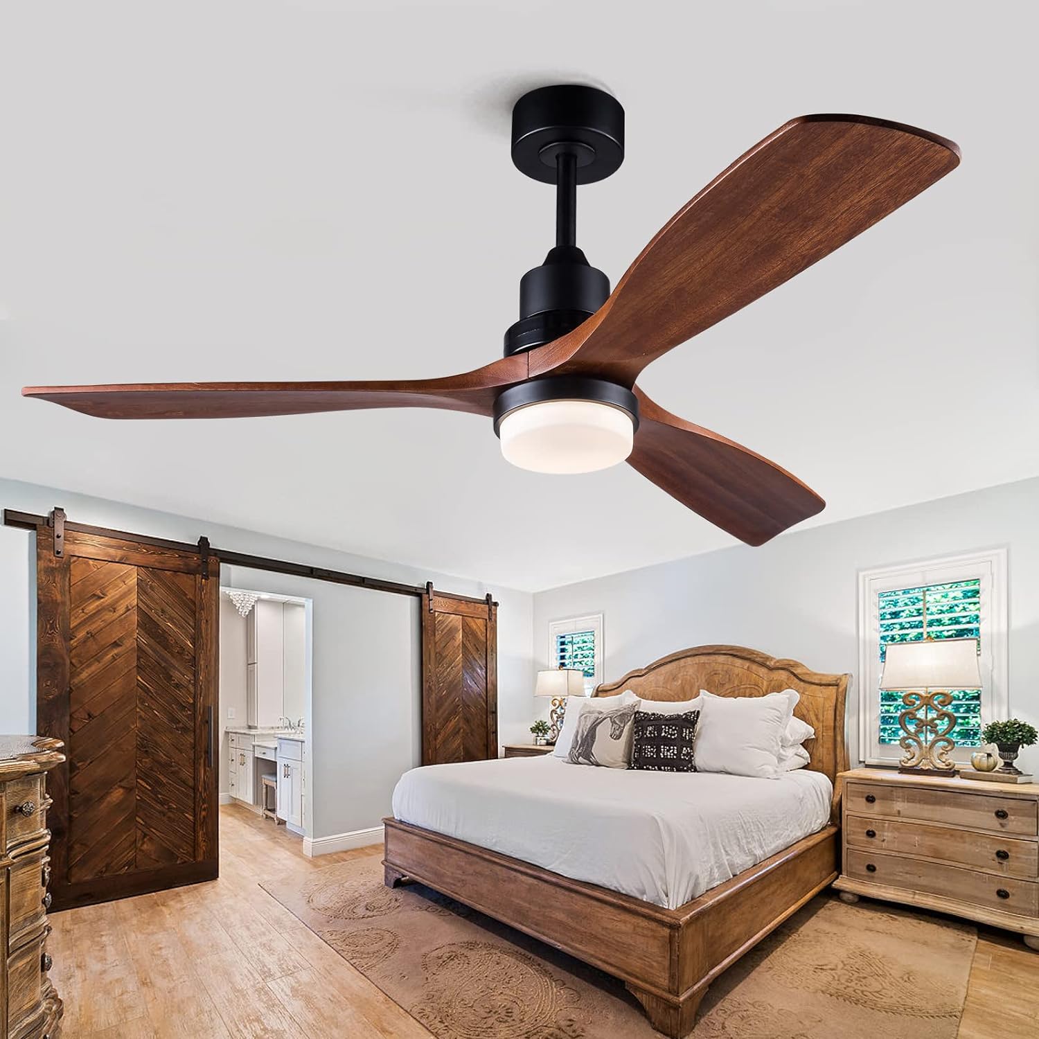 BOJUE 60 Ceiling Fans with Lights Remote Control, Indoor Outdoor Wood Ceiling with 3 Blade Fan for Patio Living Room, Bedroom, Office, Summer House,Etc