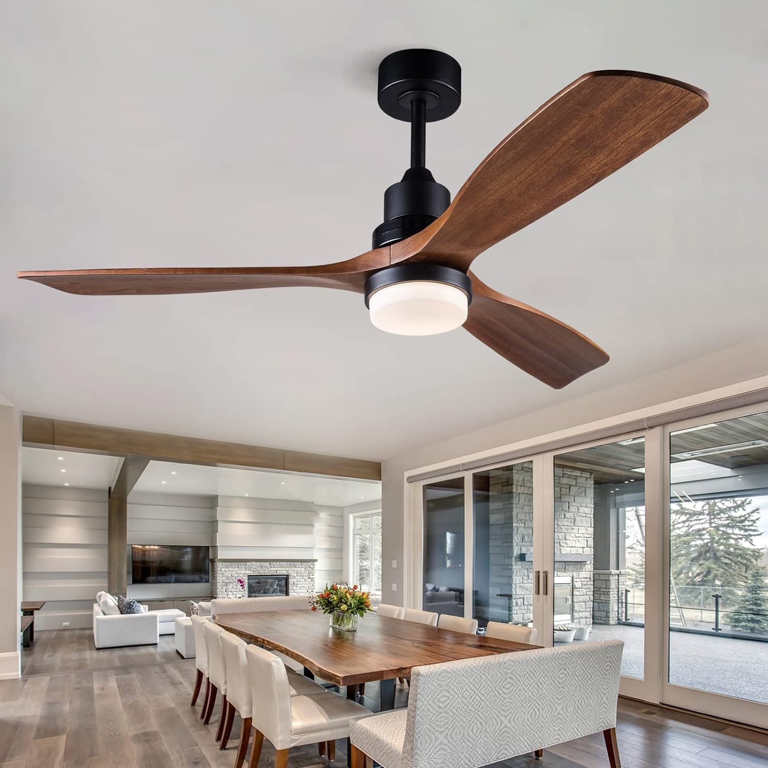 BOJUE 52 Ceiling Fans with Lights and Remote Control, Indoor Outdoor Mordern Ceiling Fan with 3 Wood Blade for Patio Living Room, Bedroom, Office, Summer House (Black Ceiling fans+ Walnut Blades)