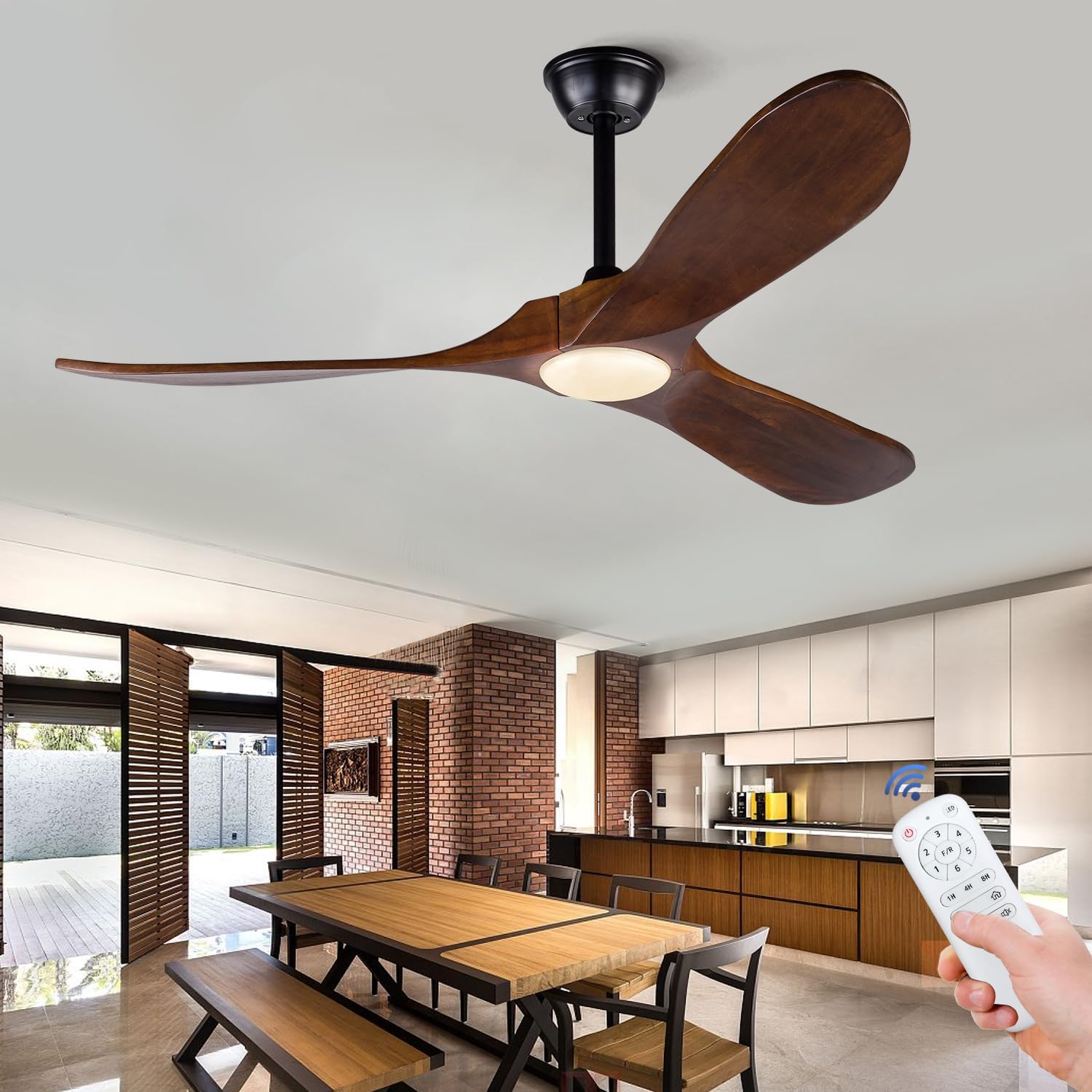 BOJUE 52 Indoor Outdoor 3 Wooden Blades Remote Control with Light Modern Ceiling Fan for Terrace Living Room Bedroom (Deep Walnut Blades)