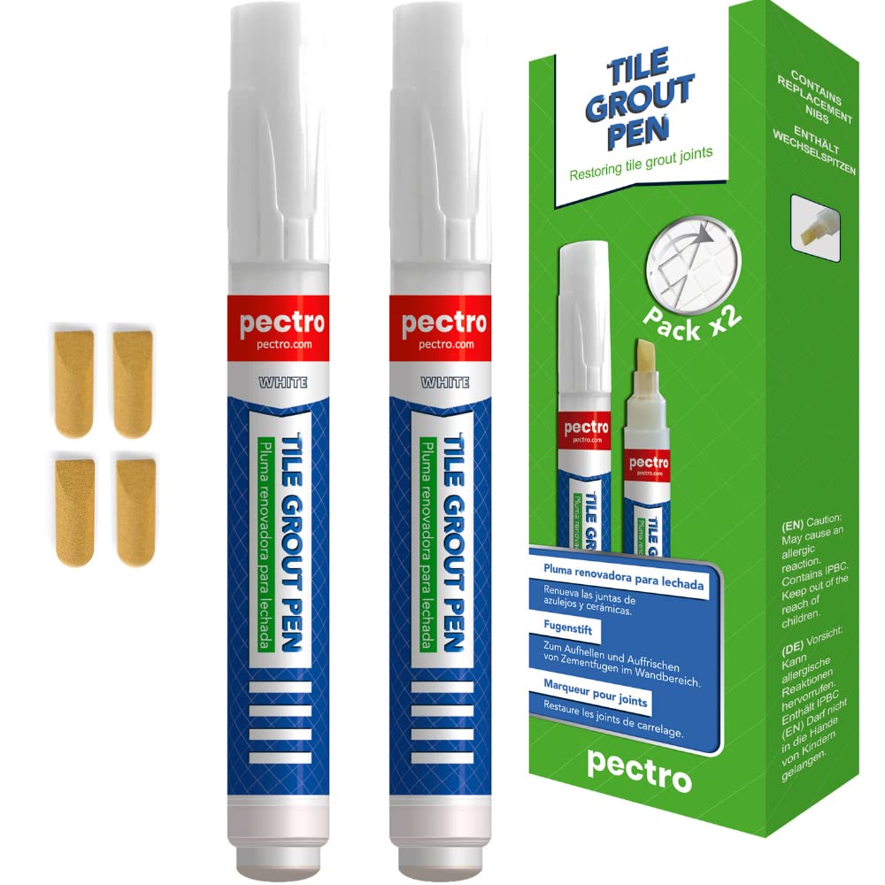 Longer-Lasting Tile Grout Pens White Pack x 2 Pcs - 4 Extra Nibs - Grout Whitener - Tile Grout Paint- Restore Grout Lines in bathrooms & Kitchens - Waterproof Grout Reviver (0,27oz - 8ml)