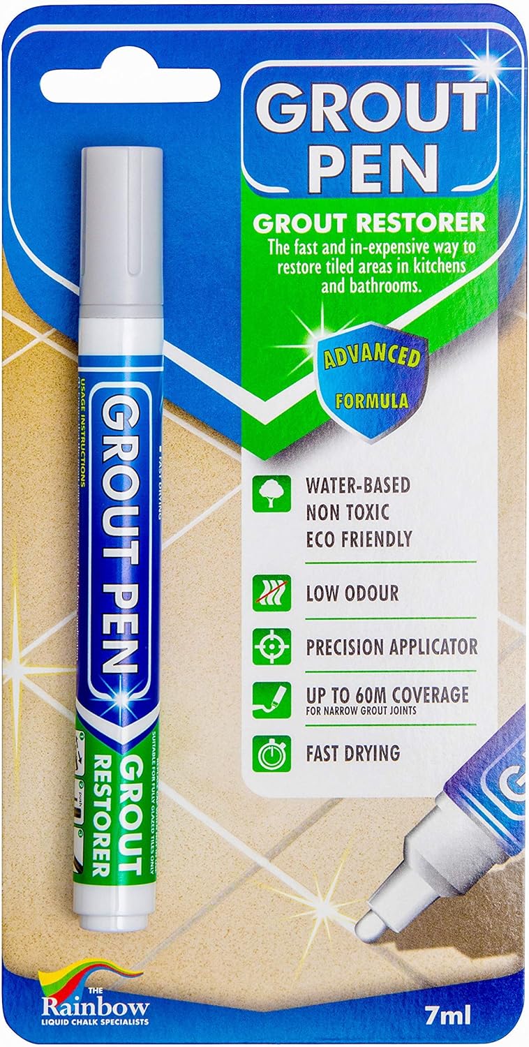 Grout Pen Light Grey Tile Paint Marker: Waterproof Grout Paint, Tile Grout Colorant and Sealer Pen - Light Grey, Narrow 5mm Tip (7mL)