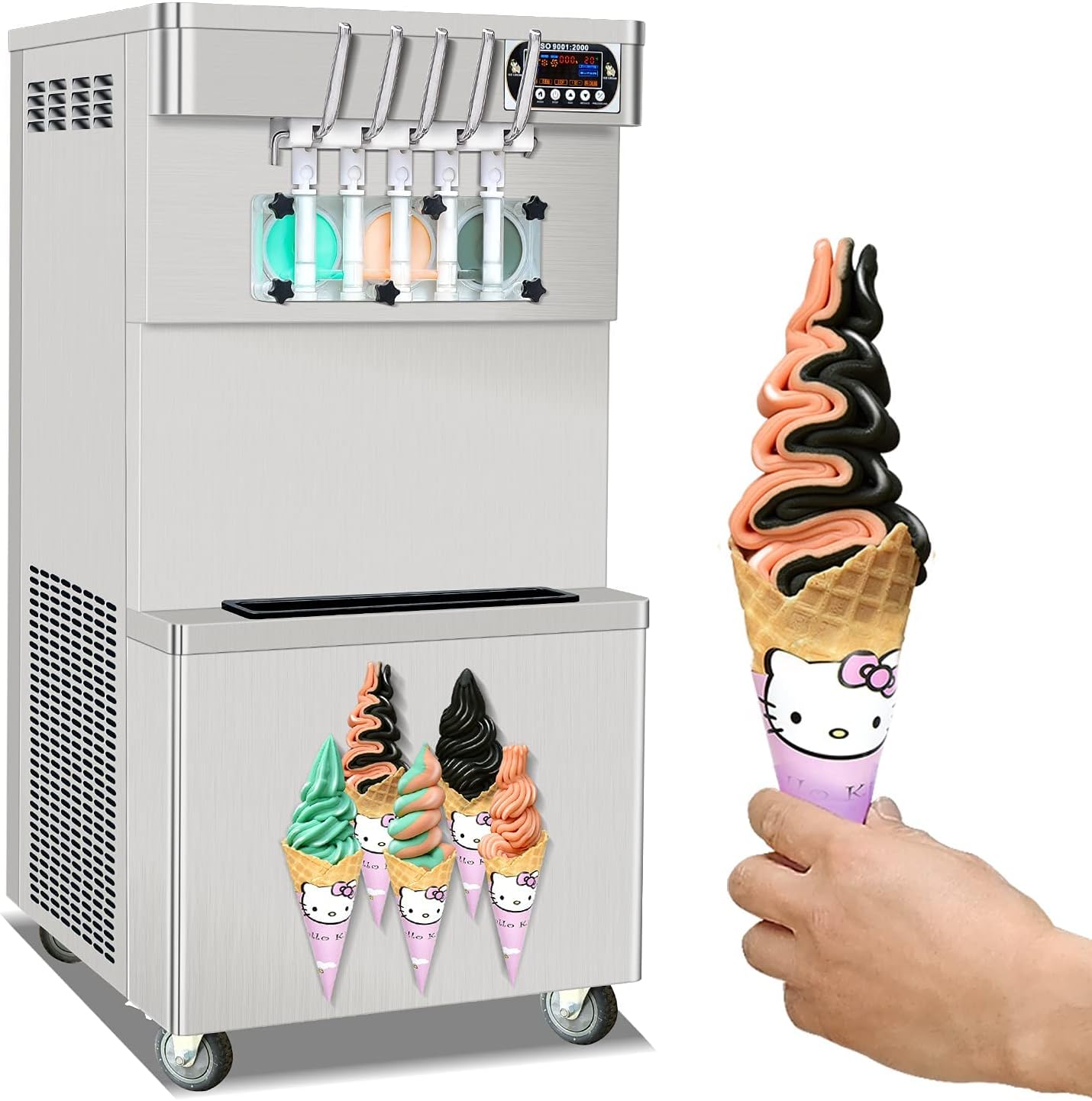 Commercial ETL 3+2 mixed Flavors Soft Serve Ice Cream Maker, High Production 5 Flavors Ice Cream Machine with Full Transparent Discharge Door & 5 Different Shapes of Mold & Upper Tank Refrigerated