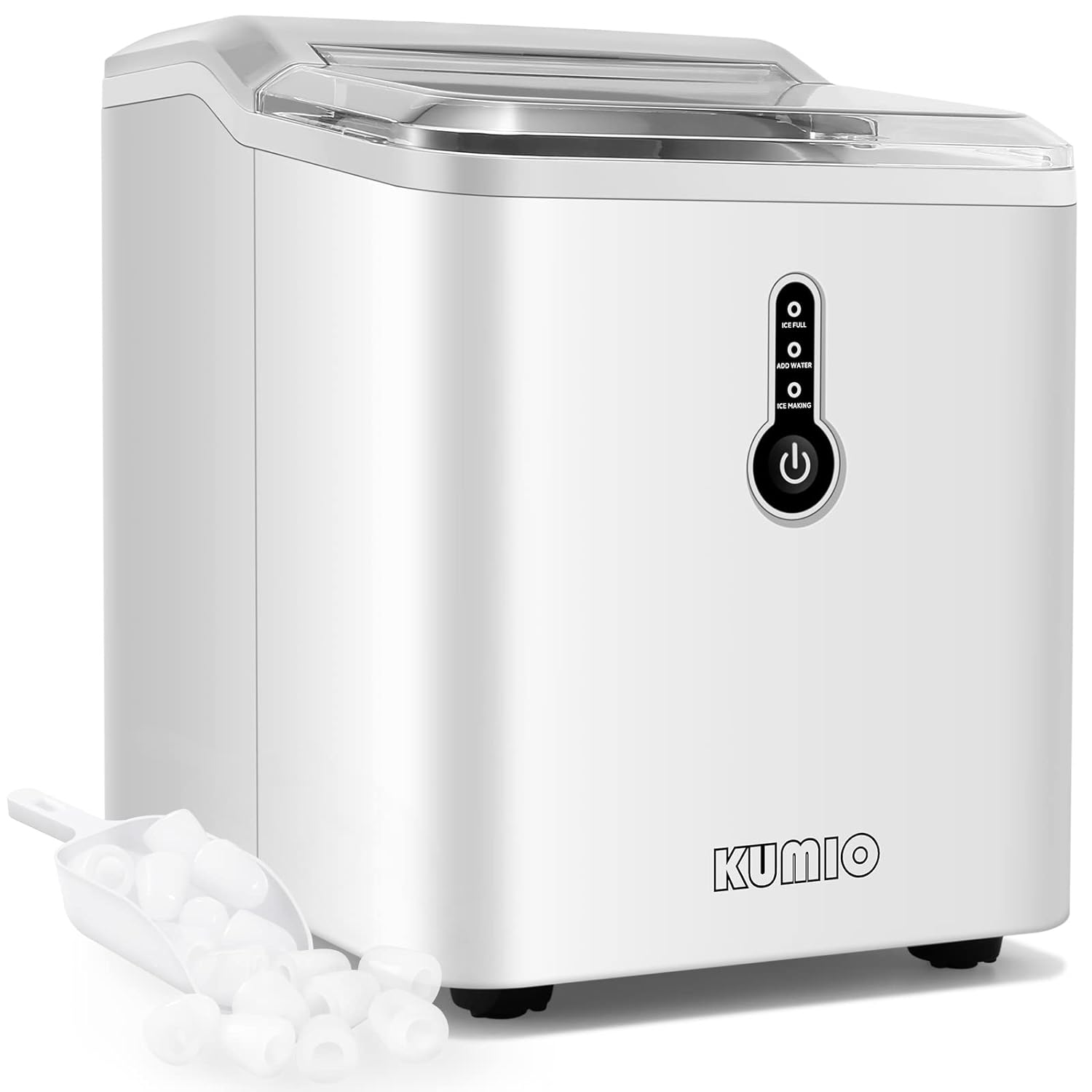 KUMIO Countertop Ice Maker, 9 Thick Bullet-Shaped Ice Ready in 6-9 Mins, 26.5 Lbs in 24Hrs, Portable Ice Maker Machine with Ice Scoop and Basket for Home/Kitchen/Party, White