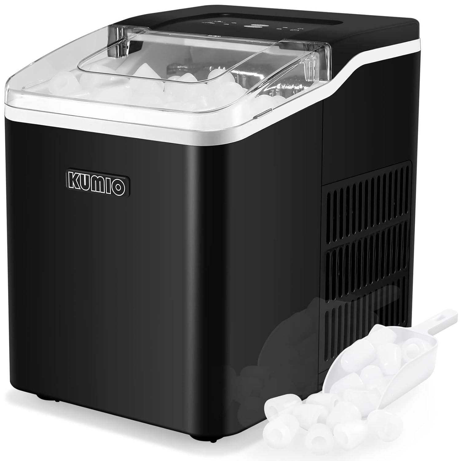 KUMIO Ice Makers Countertop, 9 Bullets Ready in 9 Mins, 26.5 Lbs/24 Hrs, Ice Machine with Self-Cleaning, Removable Ice Basket & Scoop, 2 Sizes of Bullet Ice for Kitchen Office Bar Party, Black