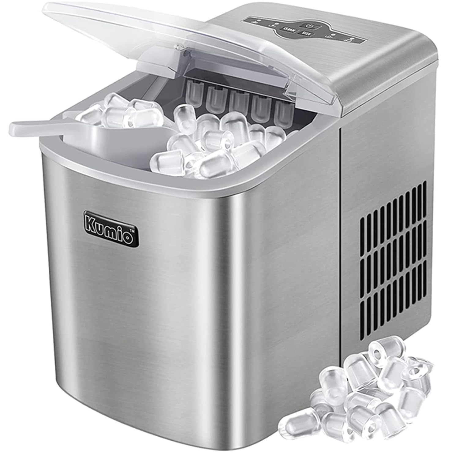 KUMIO Stainless Steel Ice Makers Countertop, 33 Lbs in 24 Hrs, 10 Bullet Ice Ready in 6-8 Mins, Automatic Self-Cleaning, 2 Sizes of Bullet Ice for Home Kitchen Office Bar Party