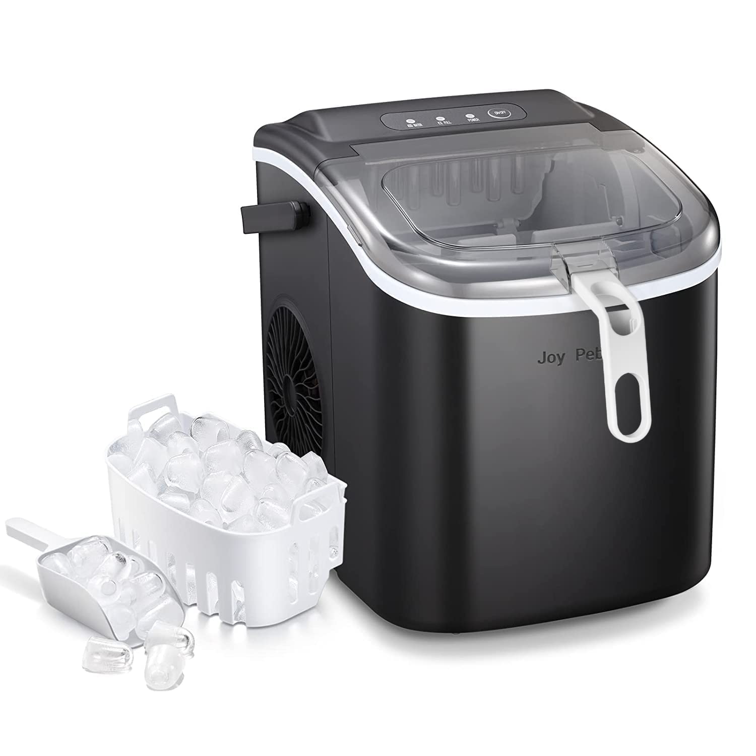 Joy Pebble Ice Maker Countertop with Handle,9 Cubes Ready in 6 Mins,26Lbs/24H, Self-Cleaning Portable Ice Machine with Basket and Scoop, for Home/Kitchen, Black