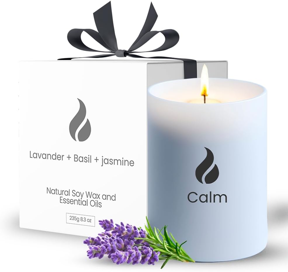 Candles for Home, Non Toxic Soy Candle  50 H Long Lasting, Calming Natural Essential Oil Blend - Lavender, Basil & Jasmine - Aromatherapy Candle Jar with Lid - Gift Ready, 8.3oz