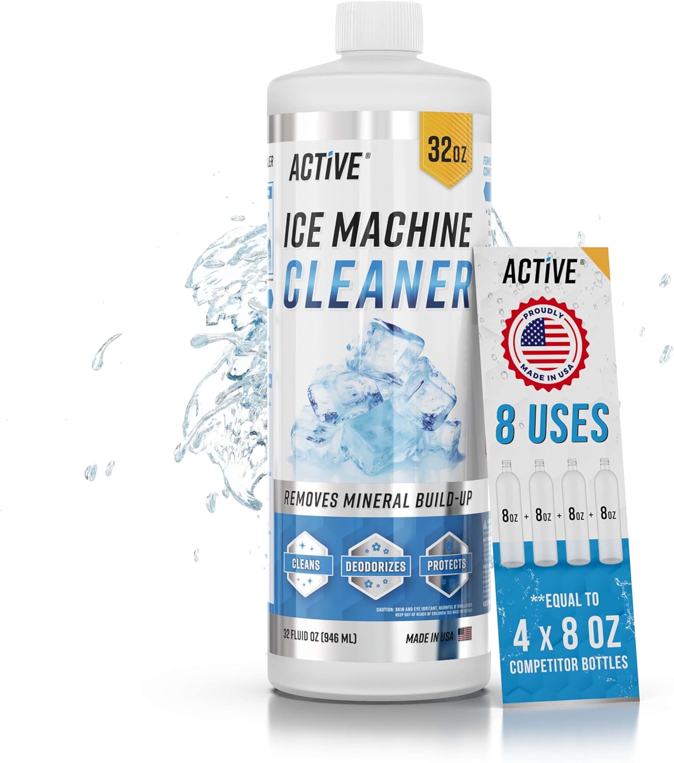 Ice Machine Cleaner Maker Descaler - 32 fl oz (8 Uses) Nickel Safe Ice Maker Cleaner Solution - Compatible with Whirlpool 4396808, Scotsman, Manitowoc, Hoshizaki, GE Opal Cleaning Kit - Made in USA