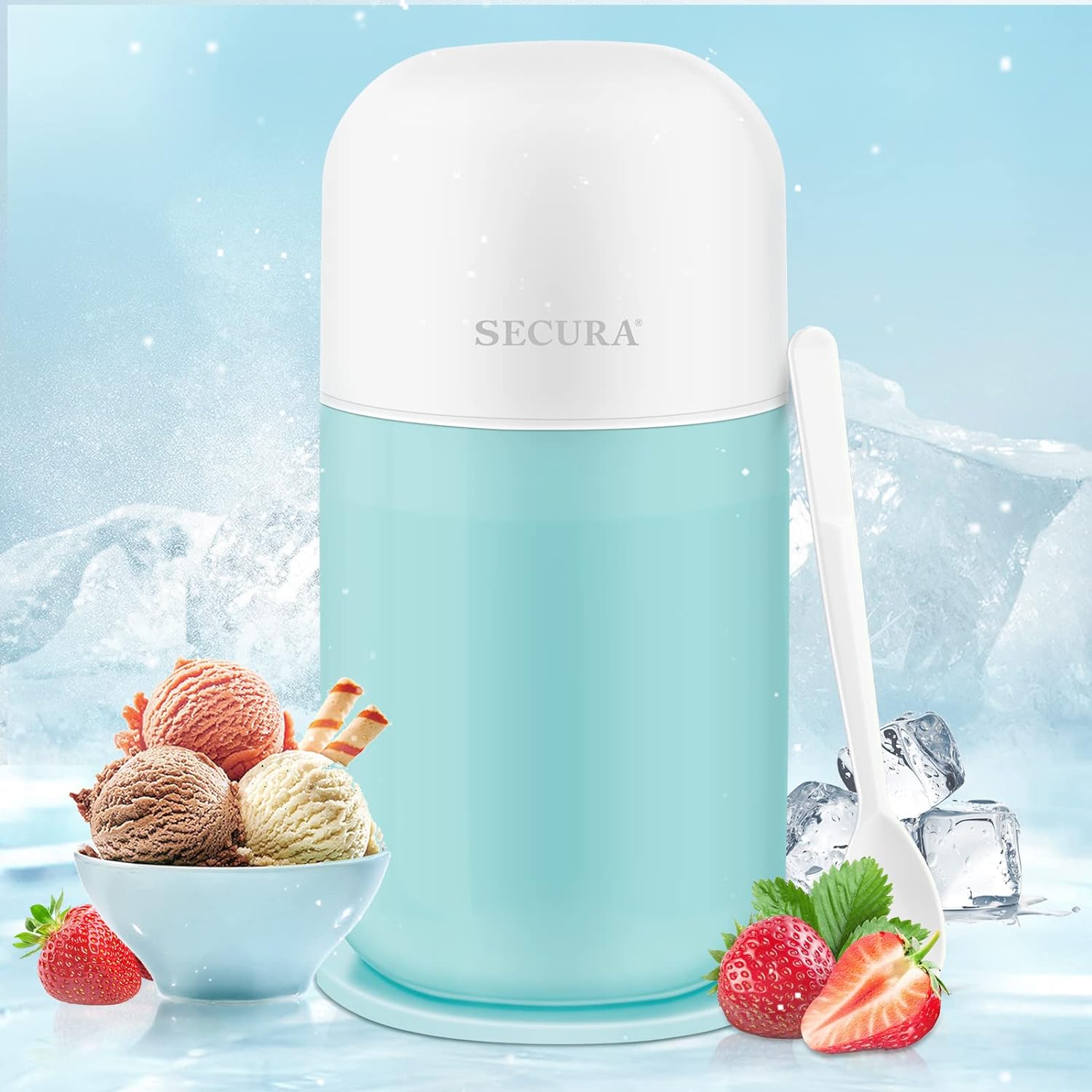 Secura Mini Ice Cream Maker for Gelato, Sorbet, Frozen Yogurt, 0.4QT Automatic Electronic Gelato Maker with Mixing Spoon & Recipe Book, Quick Homemade & Great Gift,Aqua