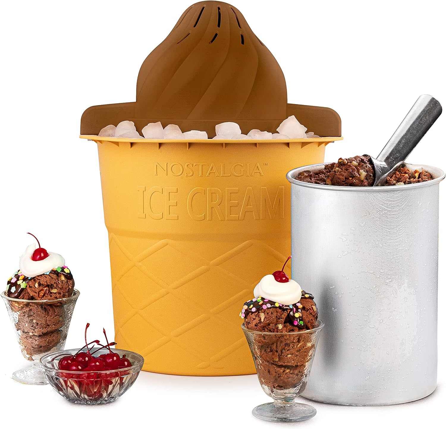 Nostalgia Electric Ice Cream Maker - Old Fashioned Soft Serve Ice Cream Machine Makes Frozen Yogurt or Gelato in Minutes - Fun Kitchen Appliance - Brown - 4 Quart