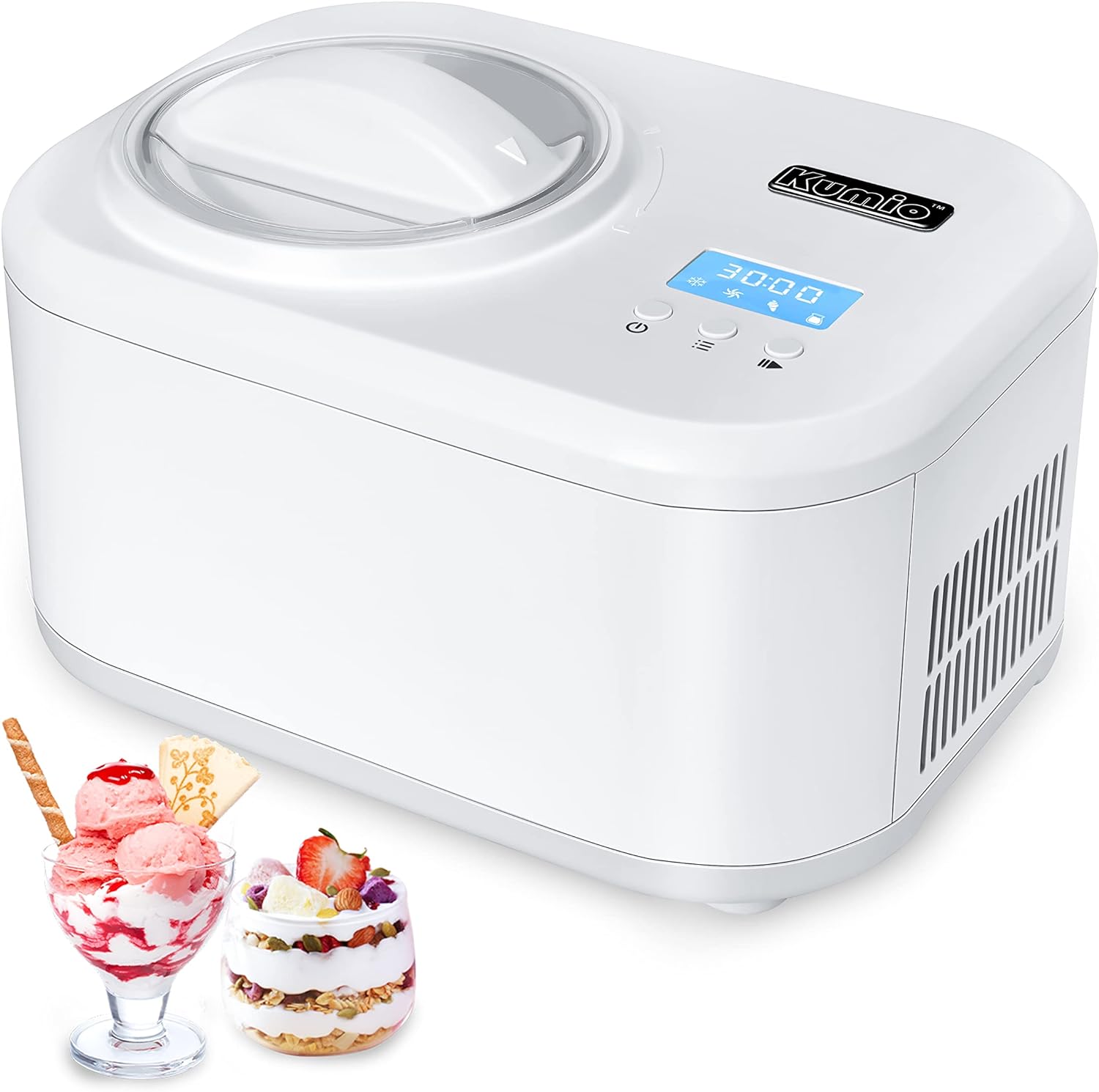 KUMIO 1.2-Quart Automatic Ice Cream Maker with Compressor, No Pre-freezing, 4 Modes Frozen Yogurt Machine with LCD Display & Timer, Electric Sorbet Maker Gelato Maker, Keep Cool Function