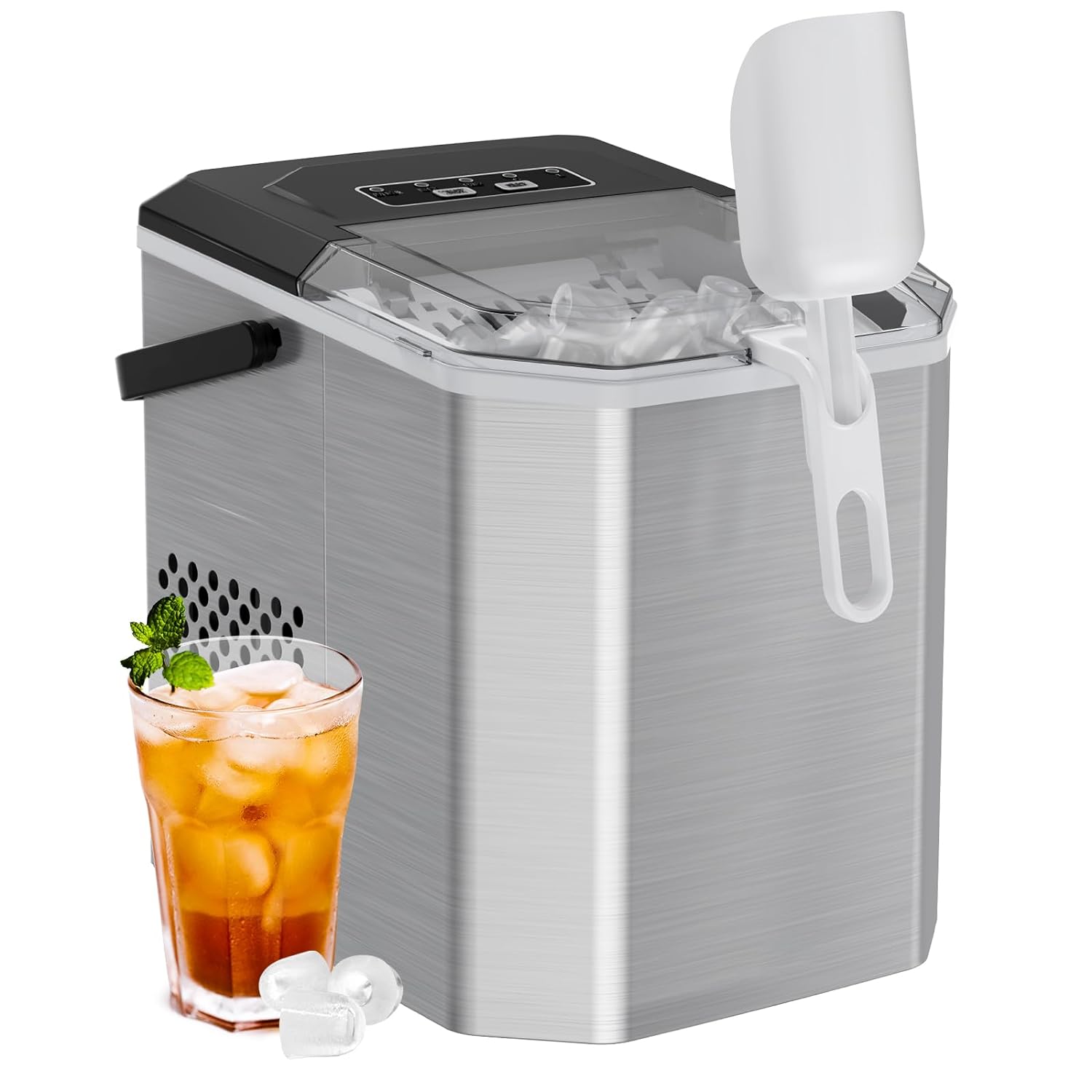 Great personal ice maker, purchased this for a pole barn cabin where we only have a mini fridge with a freezer compartment the size of an egg carton, just not as long.Pros:Makes ice fairly quickly.The controls are easy to read and the low water indicator is great so you dont have to keep checking.Compact, easy to store, nice design.Ice basket comes out, making the scooper just an added item that most probably wouldnt use, but nice to have in times you would.I have only used the large size ic