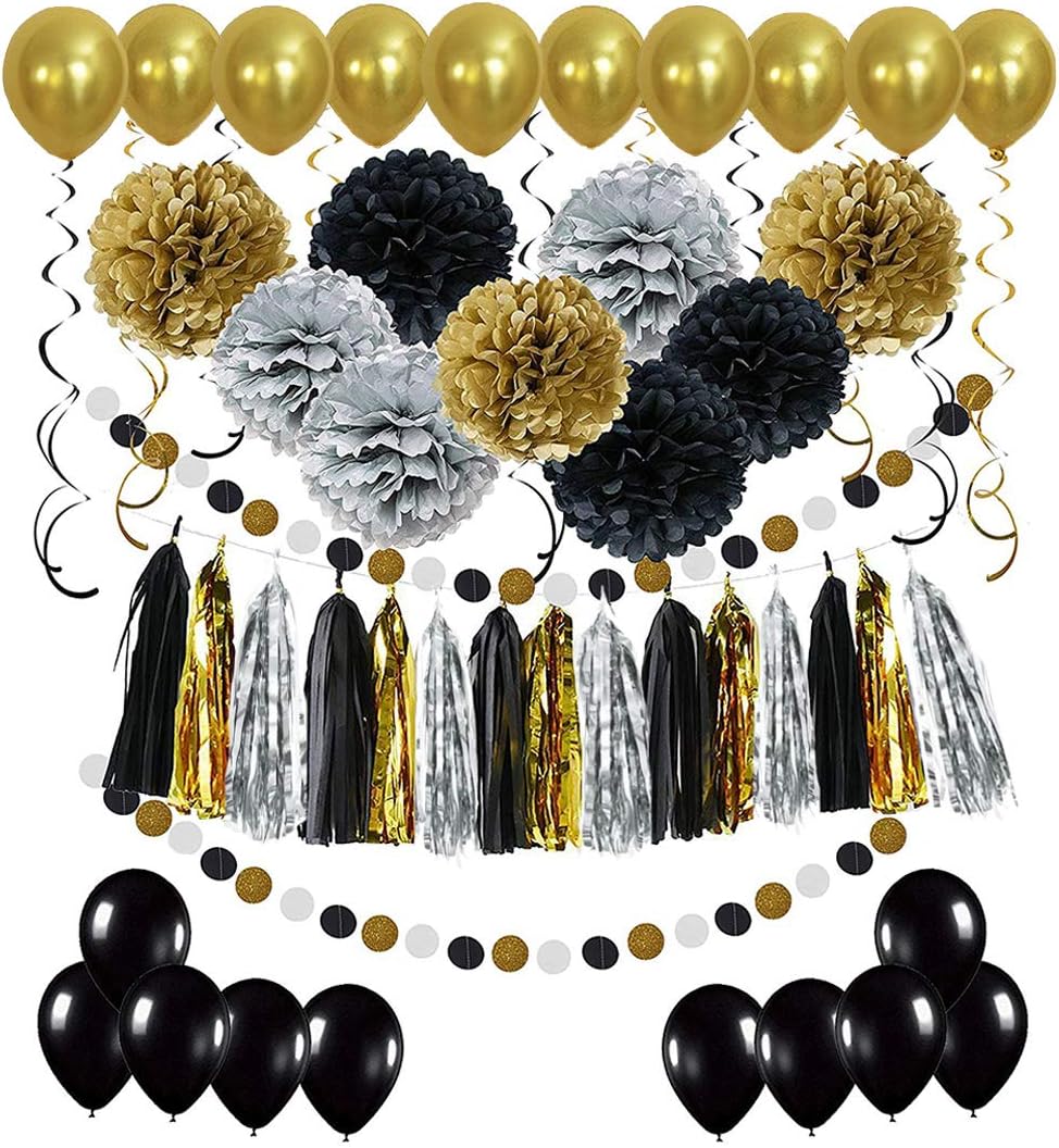 Black and Gold Party Decorations - Masquerade and Birthday Party Decorations with DIY Paper Pom Poms Flowers, Tassel Garland, Balloons, Hanging Swirl, Circle Paper Garland - 58Pcs