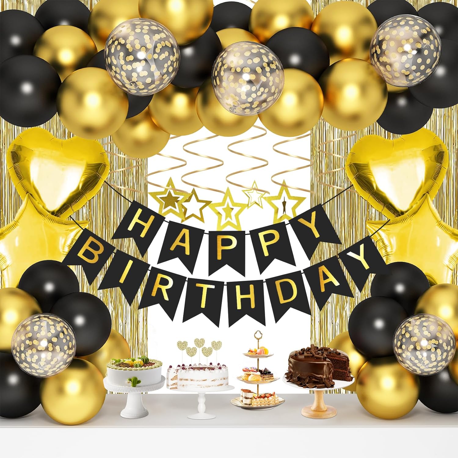 Black Gold Birthday Decorations, Gold Party Decorations Set with Birthday Banner, Black Gold Balloons, Gold Fringe Party Curtains, Hanging Swirls, Cake Toppers for Girls Women Men Kids Birthday Party