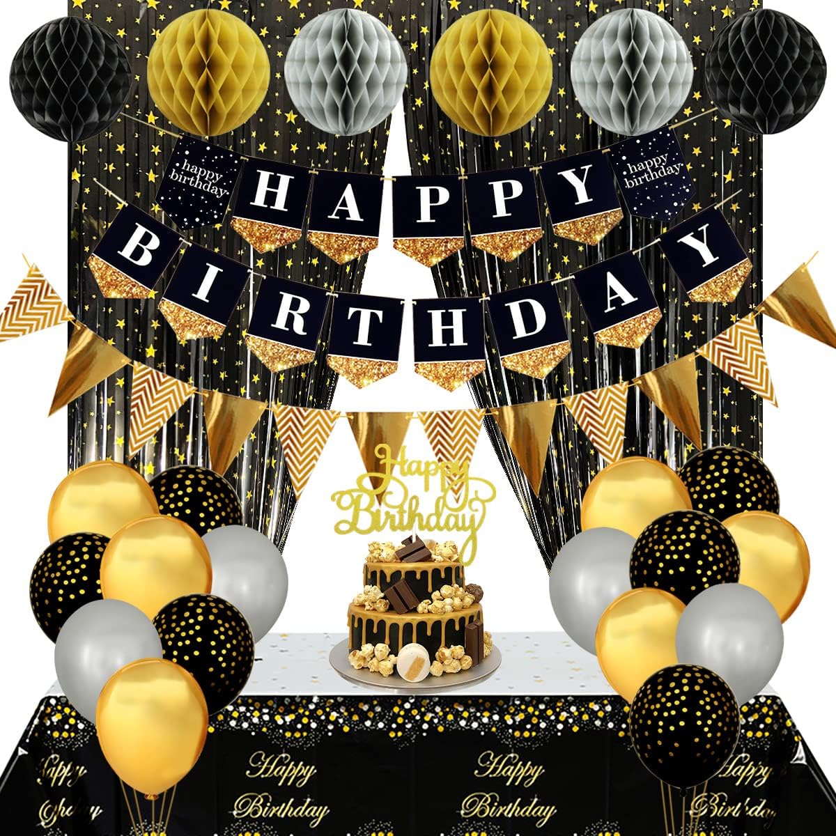 Black and Gold Birthday Party Decorations with Happy Birthday Banner, Gold Black Balloons, Birthday Tablecloth, Foil Fringe Curtains, Honeycomb Balls, Birthday Decor for Men Women