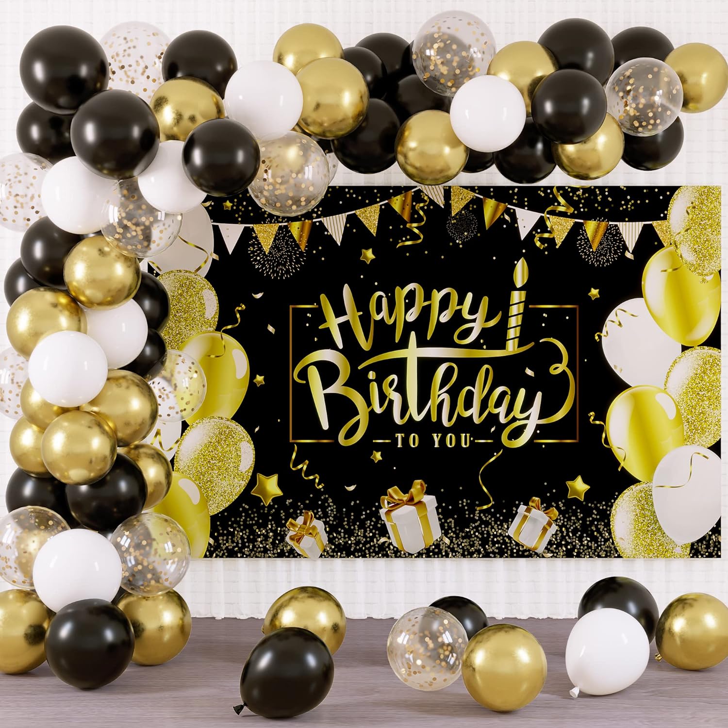 Rubfac Black and Gold Birthday Decorations Happy Birthday Backdrop with 70pcs Black and Gold Balloon Garland Kit Photo Backdrop Background for Birthday Party Decoration Supplies