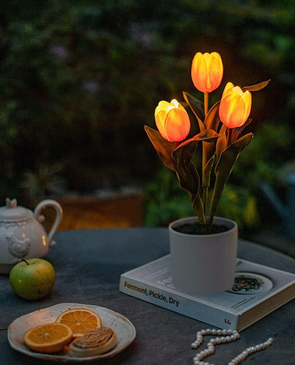 Minidiva Tulip Lamp Artificial Flowers with LED Light, Simulation Tulip Night Light with Vase, Real Touch Table Lamp for Home Decor, Wedding Arrangements, Gift for Party, Battery Powered, Orange