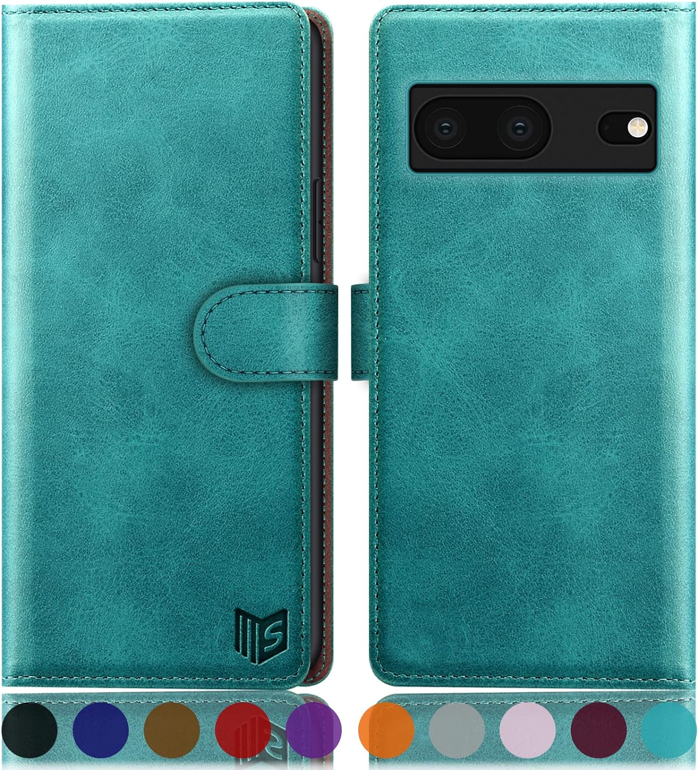 Protects my phone well, great turquoise color (easy to find!) Also has room for six cards and a slim pocket area for extra cards, notes, or dollars - well-designed.