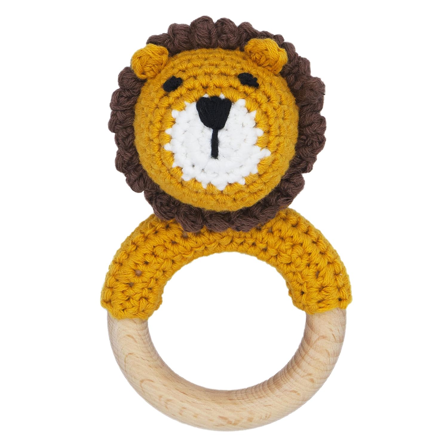 Woodland Friends Baby Rattle Shaker Toy with Wooden Teething Ring for Infants 3 6 9 12 Months Crochet Lion