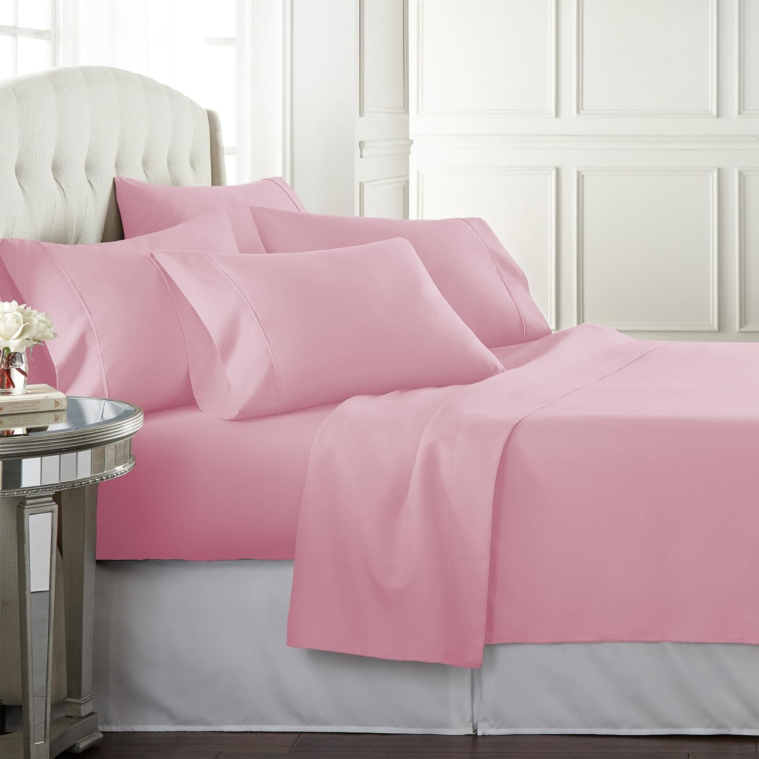 Danjor Linens California King Sheet Set - 6 Piece Set Including 4 Pillowcases - Deep Pockets - Breathable, Soft Bed Sheets - Wrinkle Free - Machine Washable - Pink Cal King Bed Sheets - 6 pc