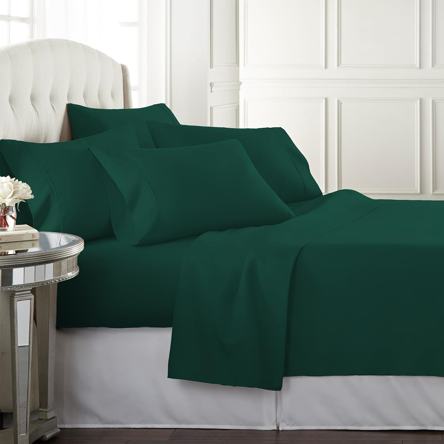 Danjor Linens King Size Sheets Set - 6 Piece Set Including 4 Pillowcases - Deep Pockets - Breathable, Soft Bed Sheets - Wrinkle Free - Machine Washable - Forest Green King Bed Sheets - 6 pc