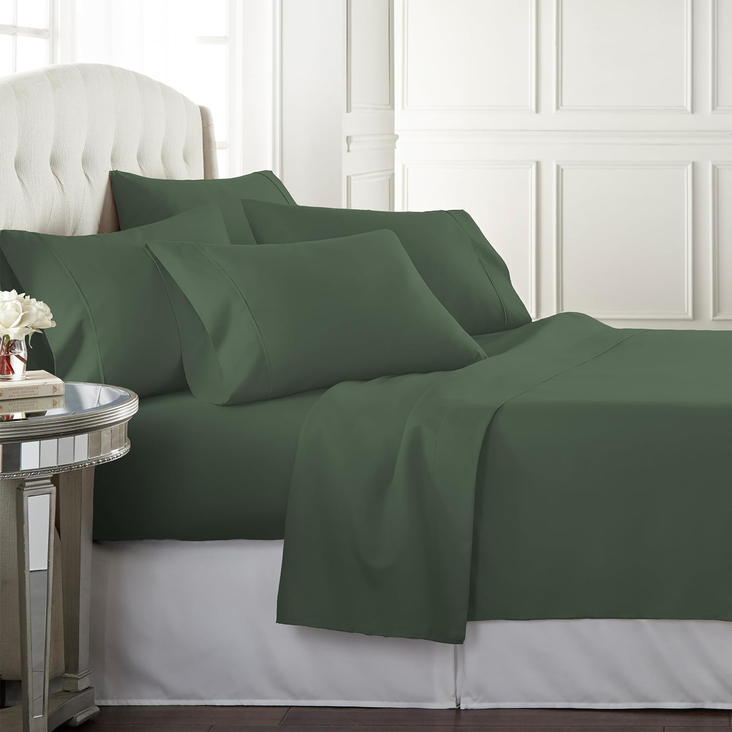 Danjor Linens King Size Sheets Set - 6 Piece Set Including 4 Pillowcases - Deep Pockets - Breathable, Soft Bed Sheets - Wrinkle Free - Machine Washable - Dark Sage King Bed Sheets - 6 pc