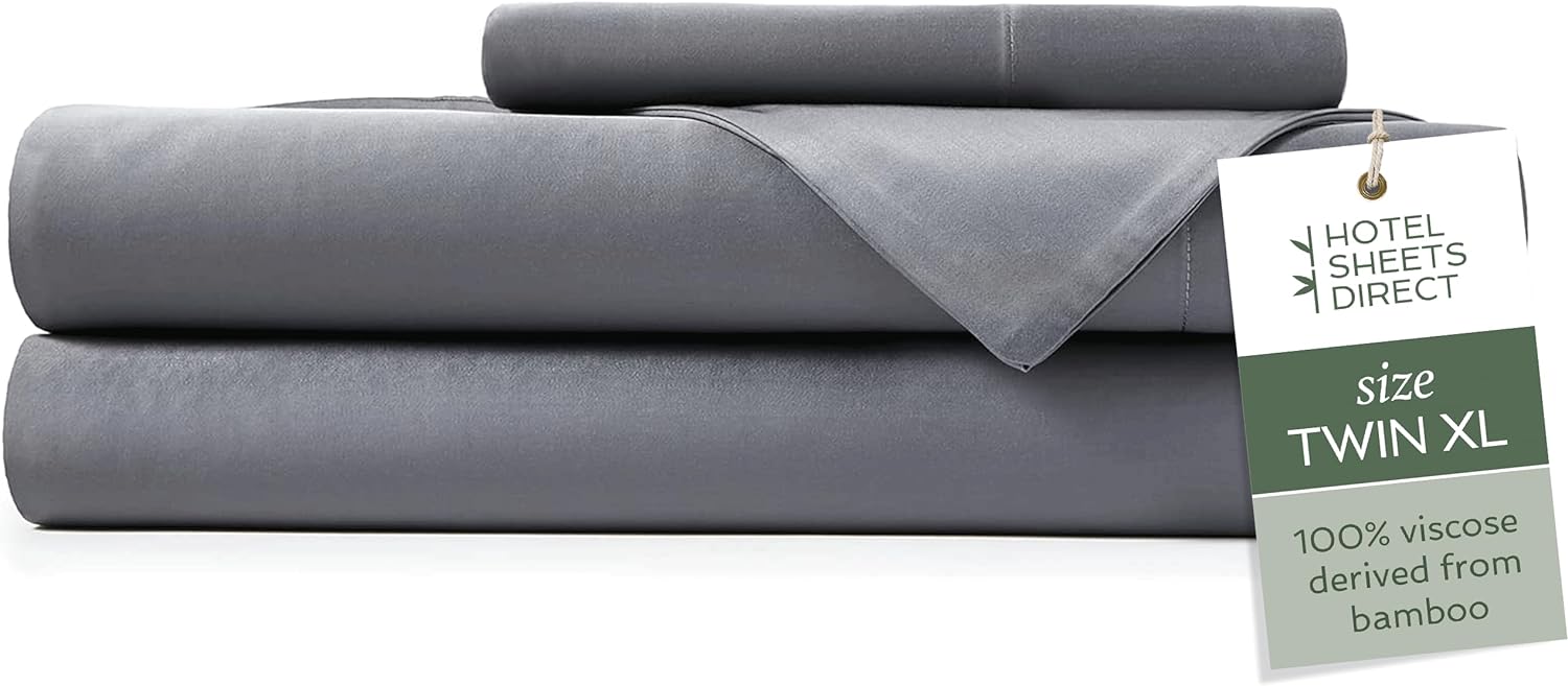 Hotel Sheets Direct 100% Viscose Derived from Bamboo Sheets Set Twin XL - Cooling Bed Sheets with 1 Pillowcase- Breathable, Moisture Wicking & Silky Soft Sheets Set- Dark Grey